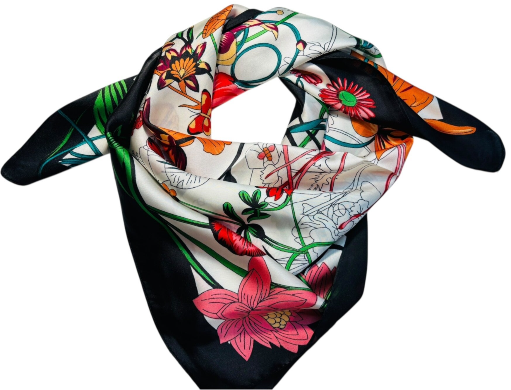 Foulard aspect soie imprimé floral  - Noir