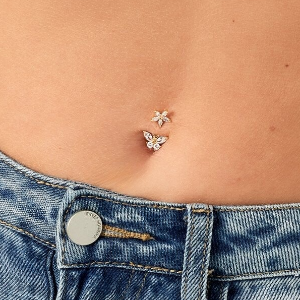 Piercing nombril papillon fleur - argenté/strass