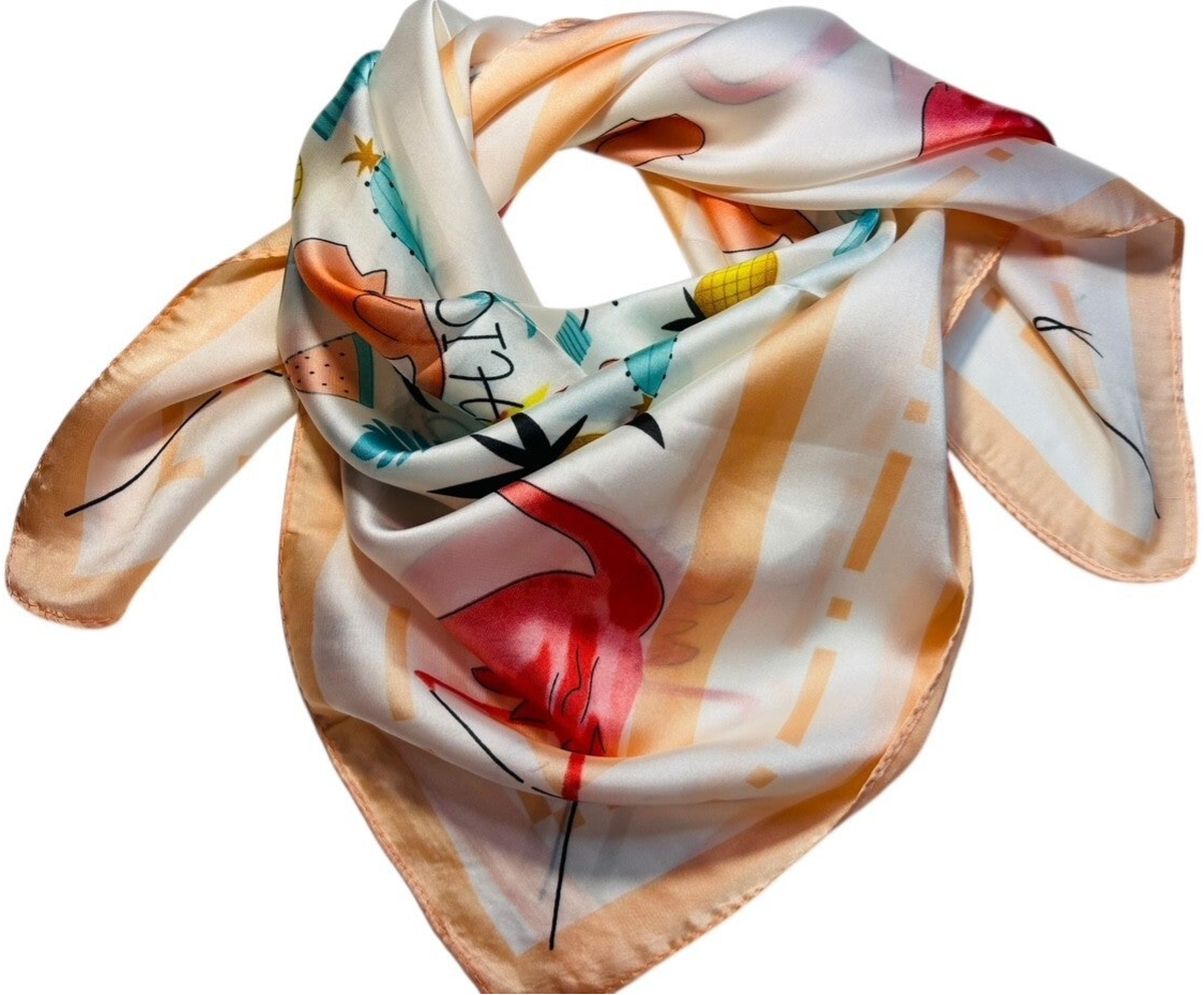 Foulard aspect soie imprimé flamant rose  - Saumon
