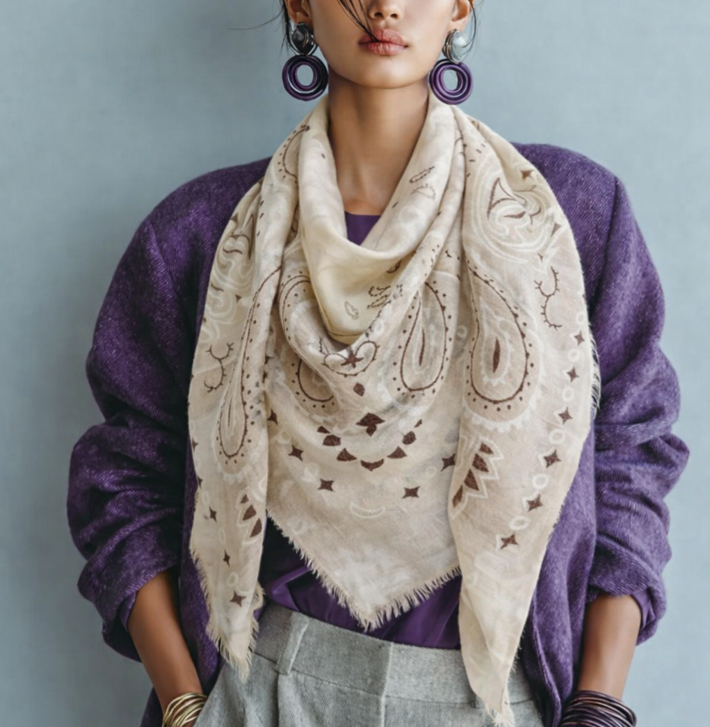 Foulard grand carré bandana - Beige