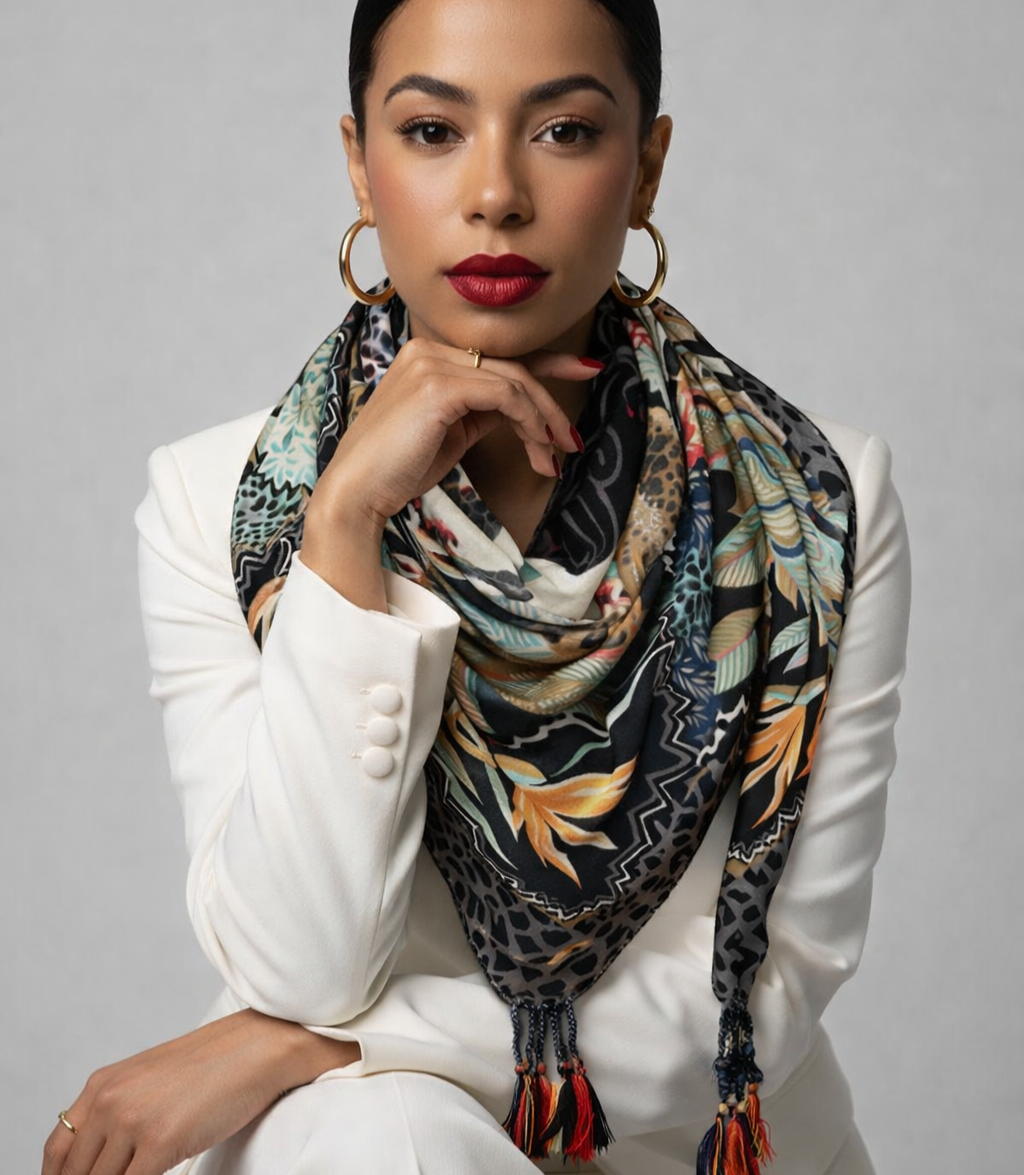 Foulard grand carré à pompon - Noir