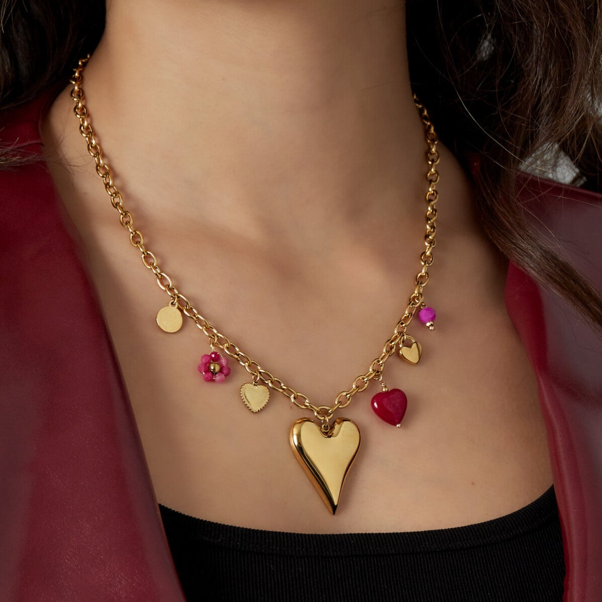 Collier Breloques Coeur - Fuchsia