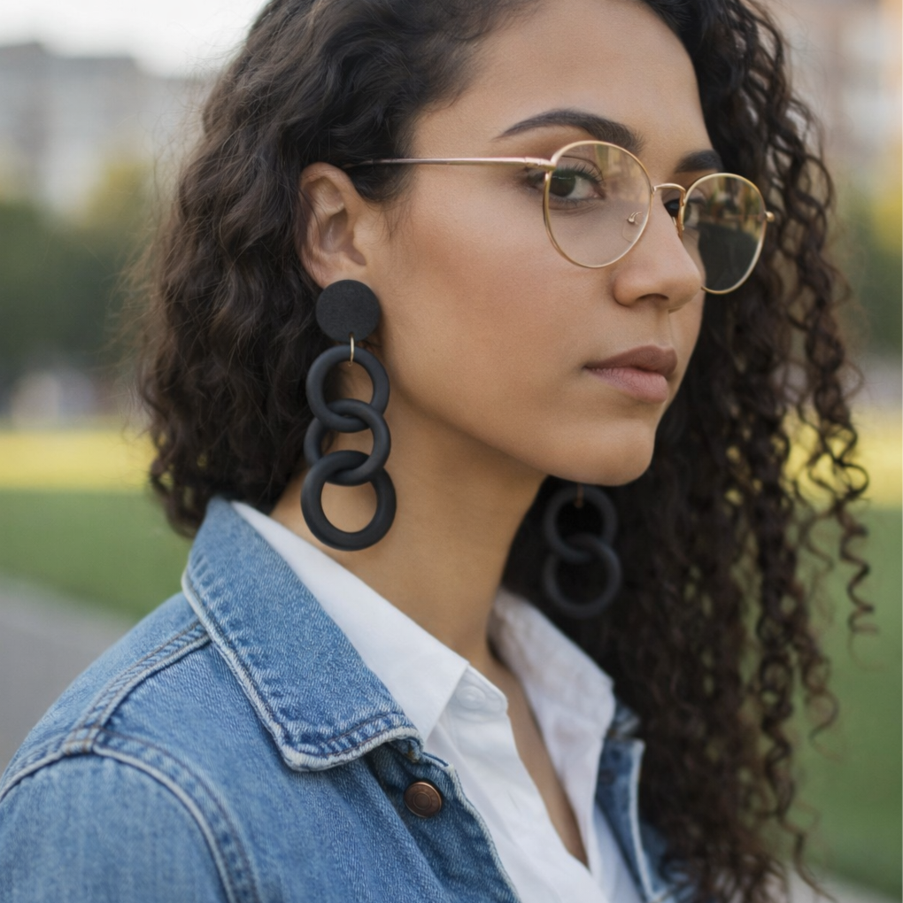Boucles d'oreilles en mousse avec maillons en caoutchouc - Noir
