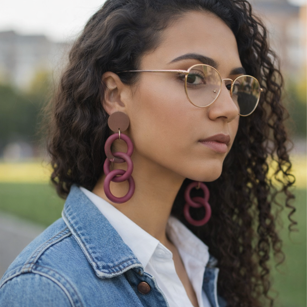 Boucles d'oreilles en mousse avec maillons en caoutchouc - Bordeaux