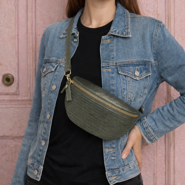 Sac banane en cuir bi-matière - Kaki