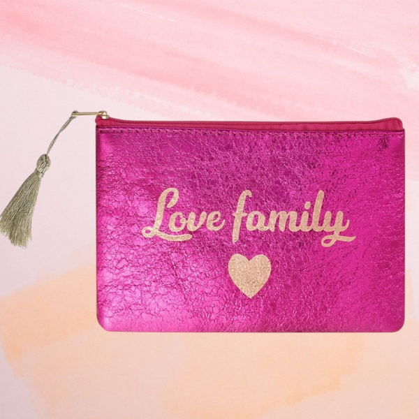 Pochette de maquillage métallique Love Family - fushia