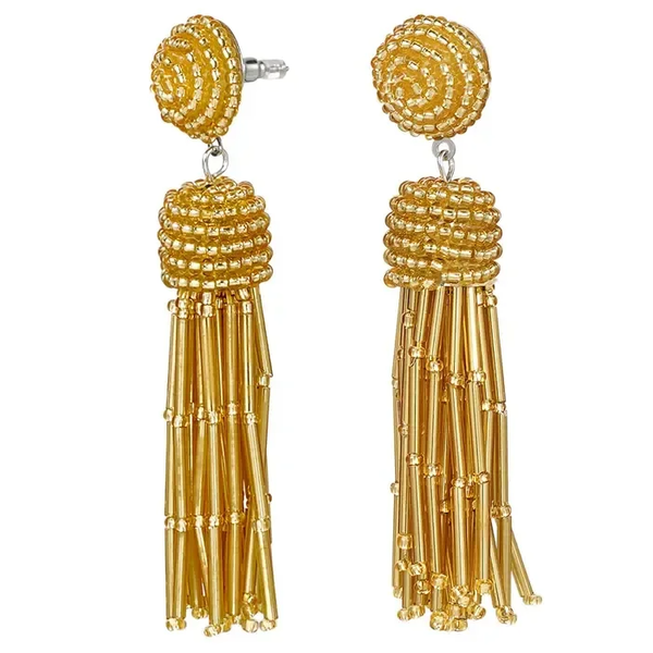 Boucles d'oreilles pompon perlé - moutarde
