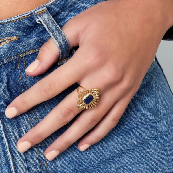 Bague look vintage avec pierre - Bleu