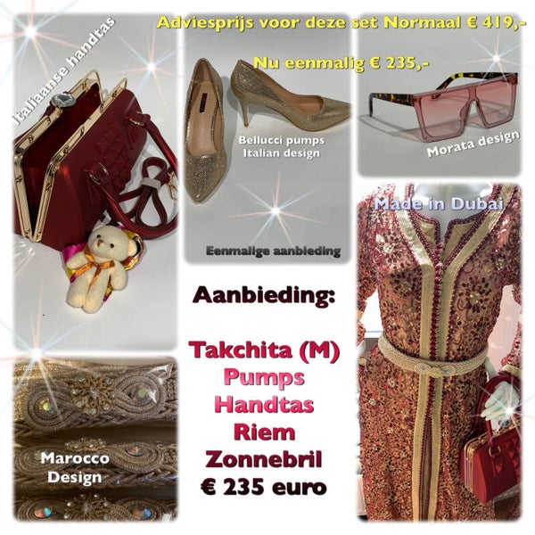 Takchita + pumps + riem + handtas + zonnebril
