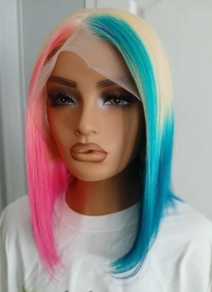 Human Hair 13x4 Lace Front Bob Wig PINK BLONDE AND BLUE 12INCH 180% Density