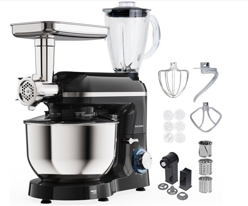 Multifunctional food processor 2000W - Kitchen mixer with stainless steel mixing bowl - Incl. mincer and blender 6.2L - Black