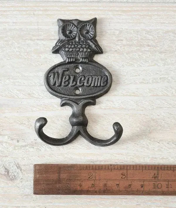 Coat Hook Double WELCOME OWL Cast Antique Iron