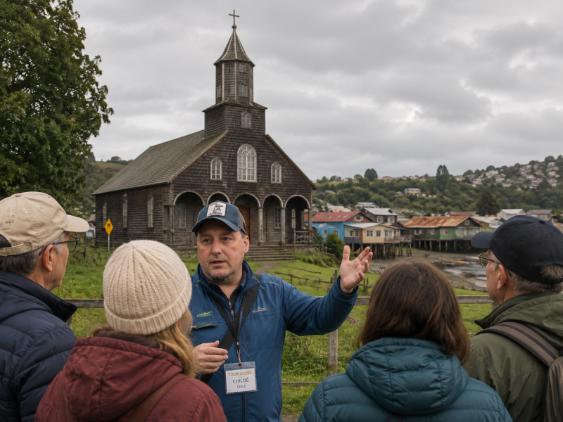 Reiseleiter Gerhard Bacher vor Kirche und Palafitos mit Touristen auf Chiloé Chile