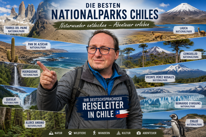 Reiseleiter Gerhard Bacher vor Collage der besten Nationalparks Chiles