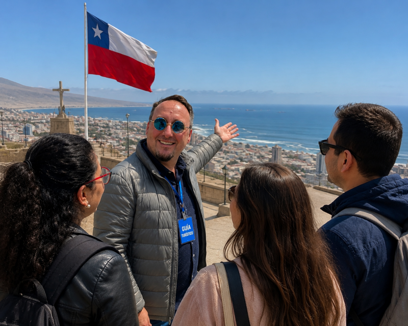 Reiseleiter Gerhard Bacher mit Touristen auf Morro de Arica