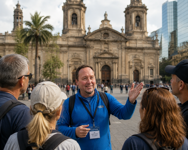 Reiseleiter Gerhard Bacher mit Touristen auf Plaza de Armas in Santiago de Chile