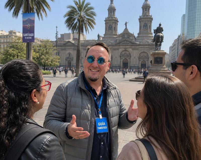 Reiseleiter Gerhard Bacher vor Kathedrale Santiago de Chile mit Touristen