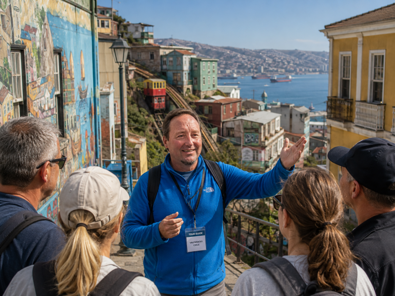 Reiseleiter Gerhard Bacher mit Touristengruppe in Valparaíso