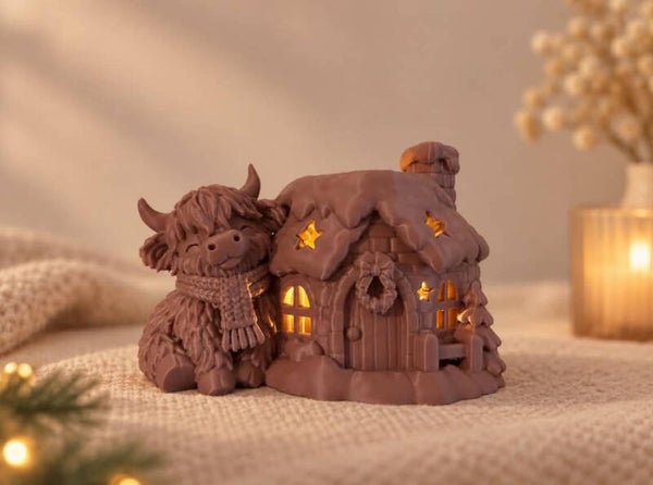 Highland Cow Winter house LED tealight holder