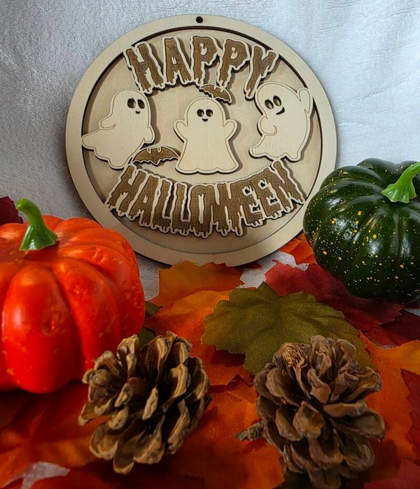 🎃 Halloween-Schild „Happy Halloween“ – doppellagig, Ø 18 cm 🕸️