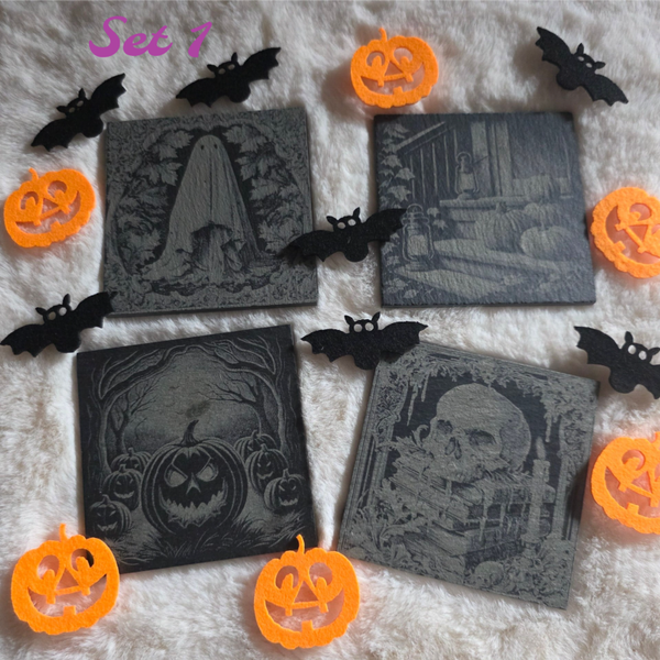4 gravierte Schiefer-Untersetzer im Halloween-Design – 10 x 10 cm – 2 verschiedene Sets zur Auswahl