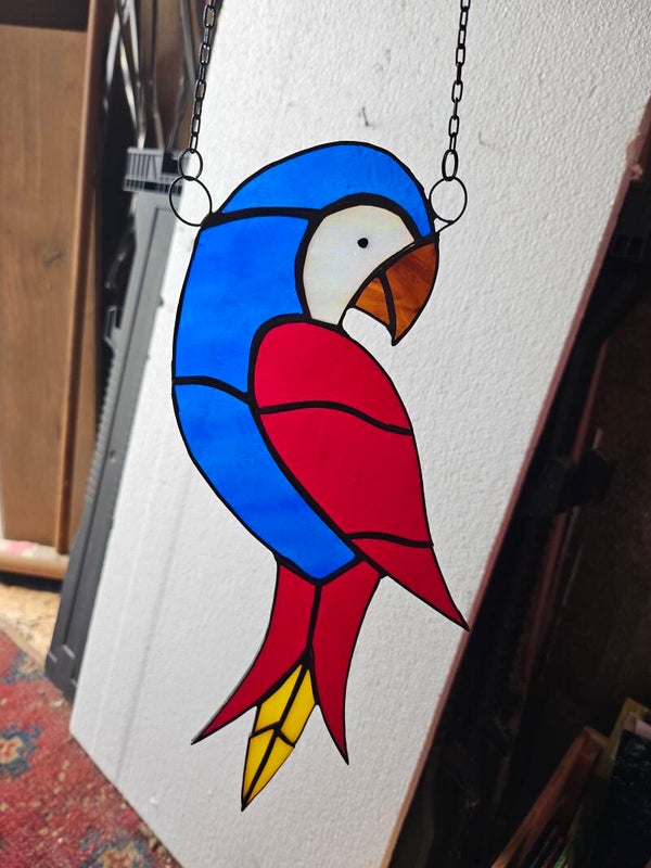 Papegaai, in blauw, rood en geel.