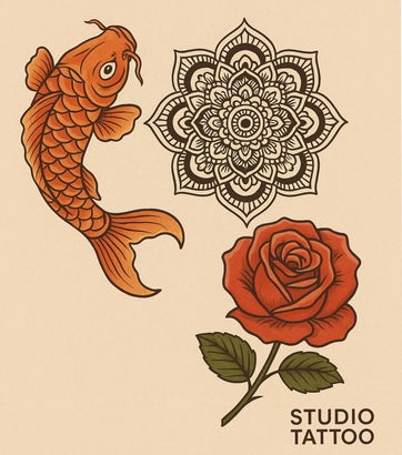 Disegni tattoo tradizionali con carpa koi arancione, mandala ornamentale e rosa rossa con foglie, illustrazione per studio di tatuaggi