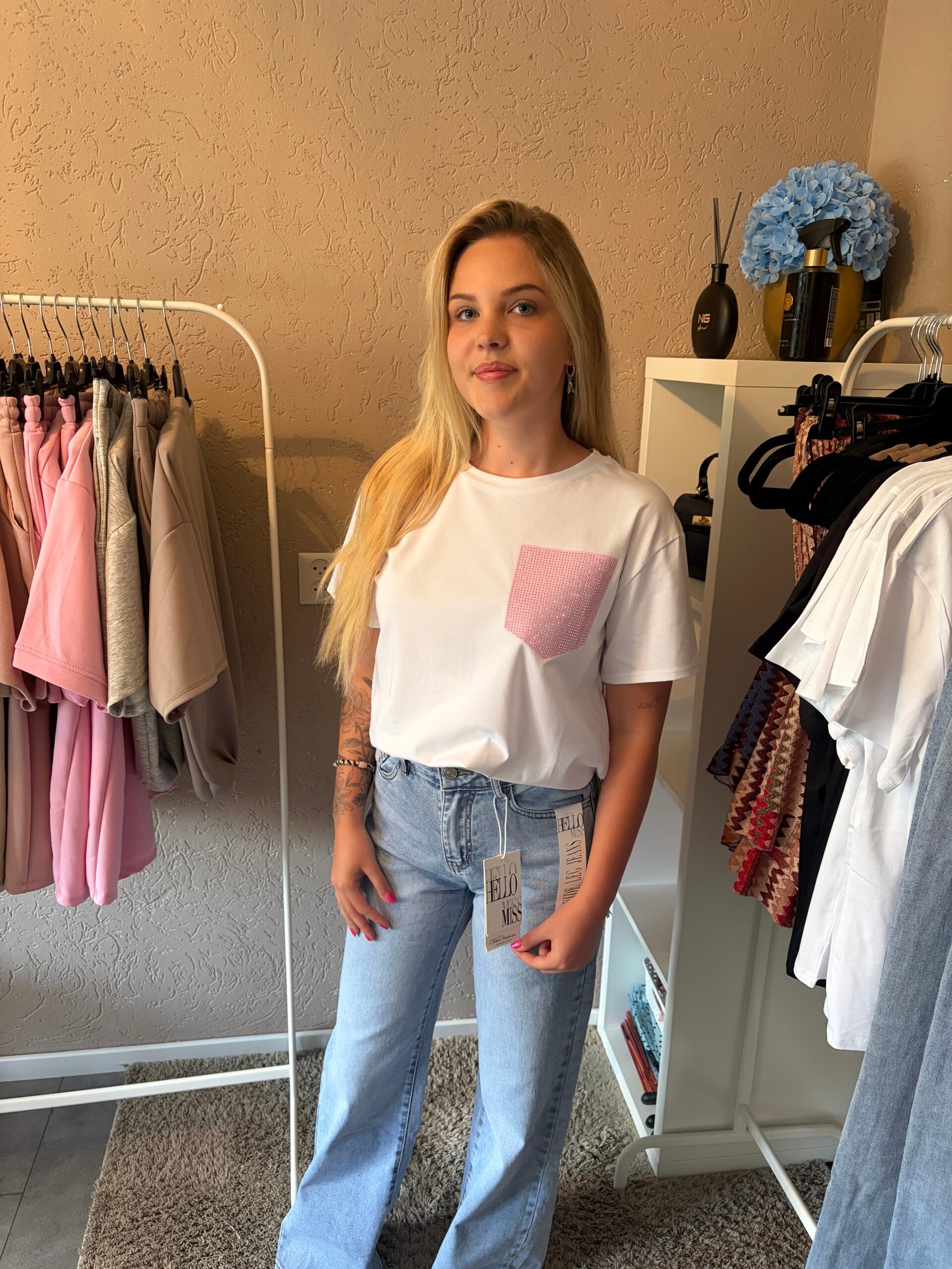 T shirt wit met roze glitterzak