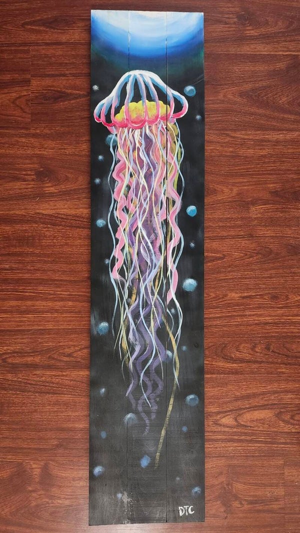 Jellyfish Painting on Wooden Canvas