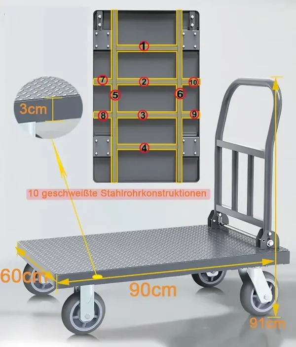 Stevige metalen platformwagen met antislip traanplaat en opklapbare duwbeugel.