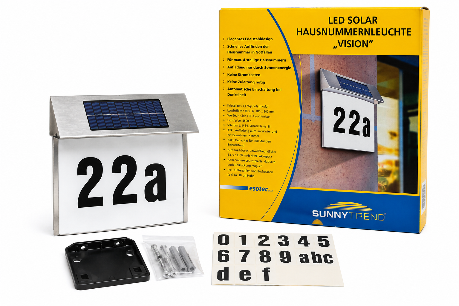 Mooie RVS solar huisnummerverlichting van Sunny Trend.