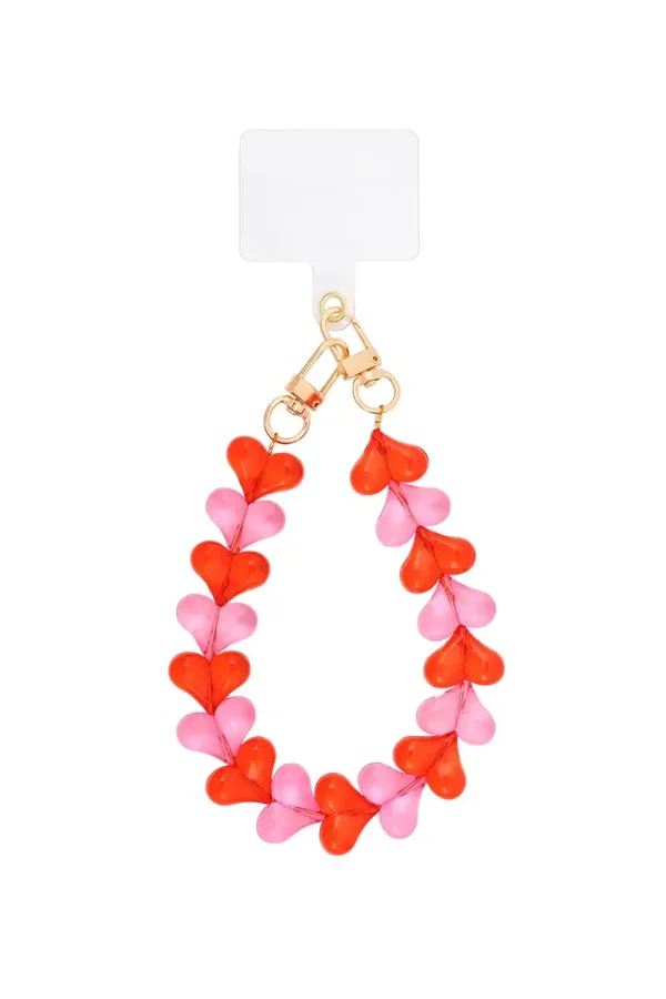 Charm/telefoonkoord Hartjes - Goud/Rood/Roze