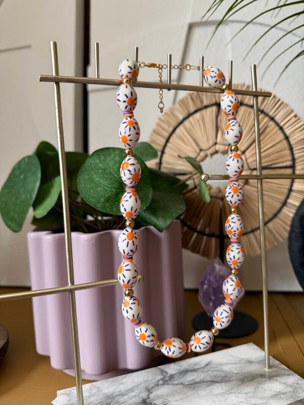 Handgeschilderde kralenketting | Oranje/Paars