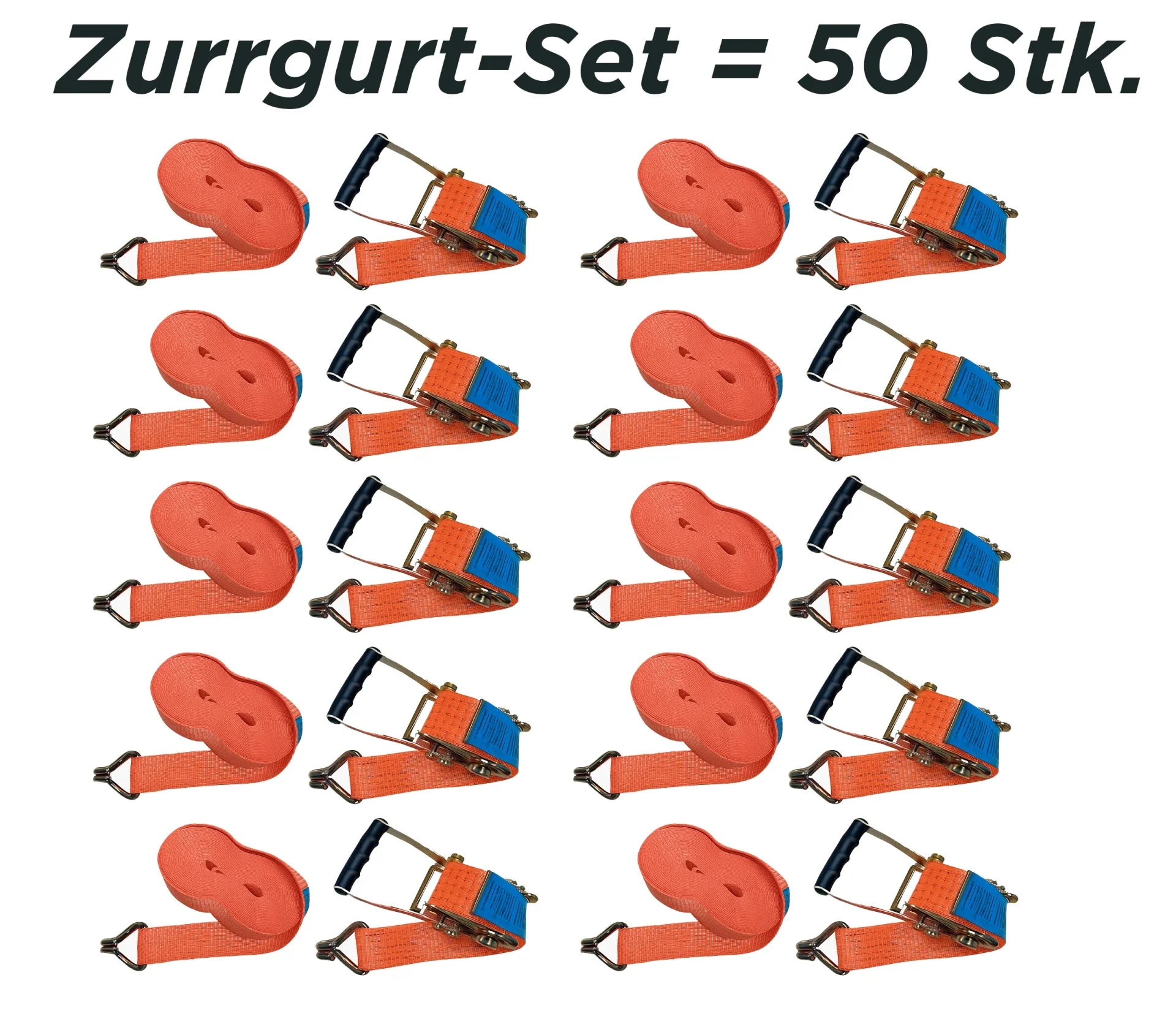 50 Stück Spanngurte mit Ratsche, 8 m lang, 50 mm Bandbreite, Zurrgurte Set, Zurrkraft LC 2.500 / 5.000 daN, für Ladungssicherung (orange)