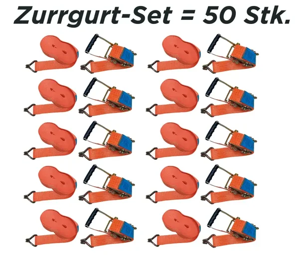 50 Stück Spanngurte mit Ratsche, 8 m lang, 50 mm Bandbreite, Zurrgurte Set, Zurrkraft LC 2.500 / 5.000 daN, für Ladungssicherung (orange)