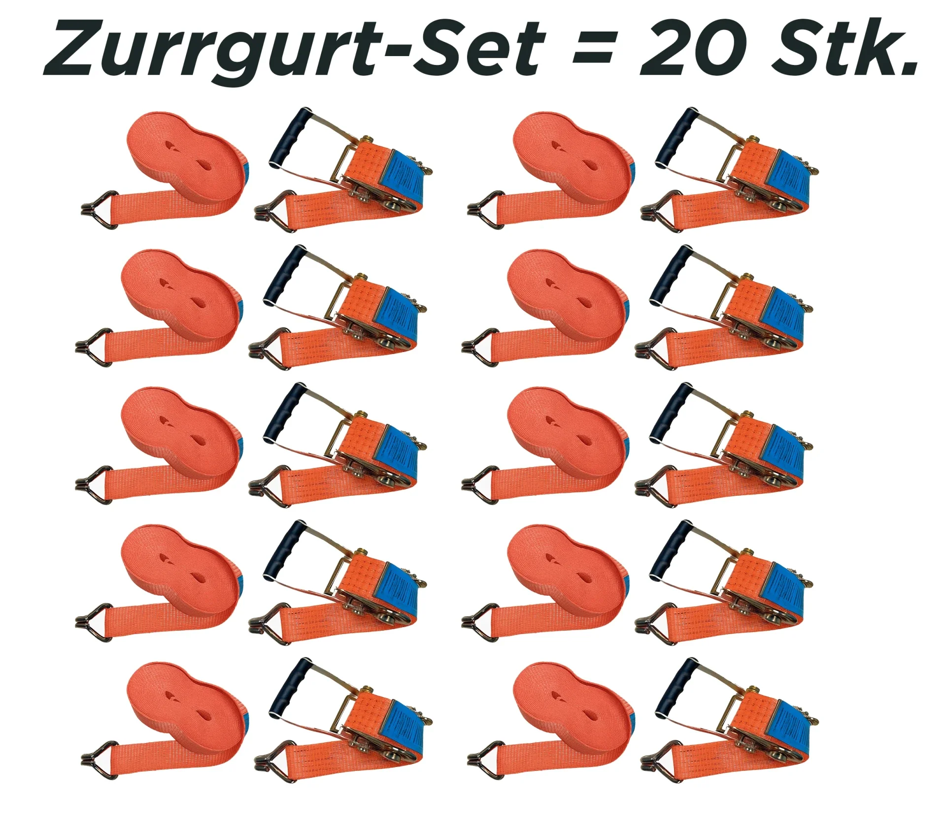 20 Stück Spanngurte mit Ratsche, 8 m lang, 50 mm Bandbreite, Zurrgurte Set, Zurrkraft LC 2.500 / 5.000 daN, für Ladungssicherung (orange)