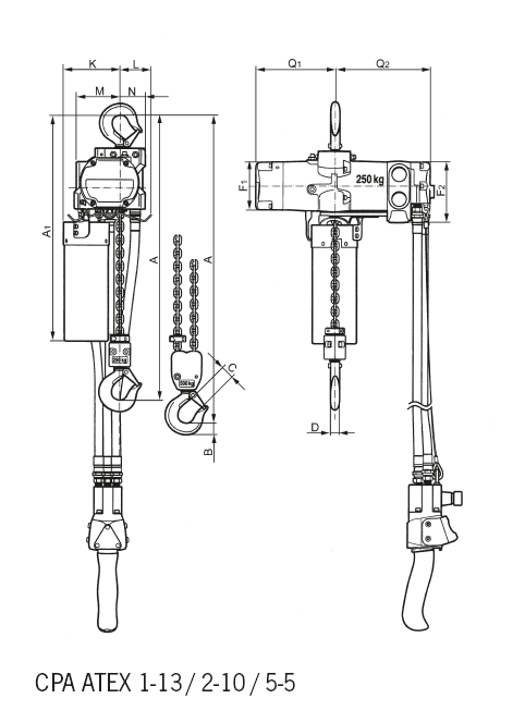 Maßzeichnungen und Abmessungen von Yale® CPA ATEX Basic Druckluftkettenzug