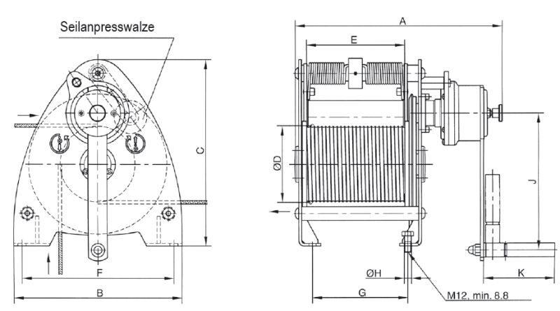 Maßzeichnungen und Abmessungen von Yale® SW-K LAMBDA Konsolenwinde (DGUV Vorschrift 17 ( BGV C1))