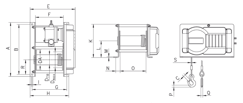 Maßzeichnungen und Abmessungen von Yale® RPE Elektroseilwinde