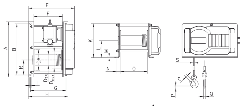 Maßzeichnungen und Abmessungen von Yale® RPE Elektroseilwinde - 230 V