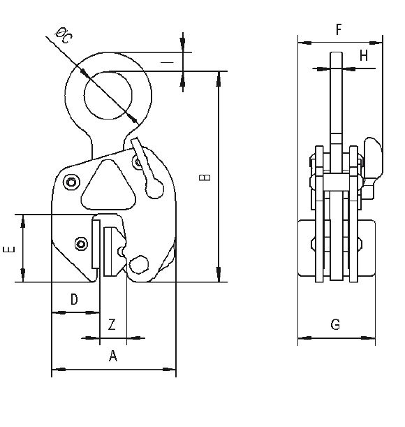 Maßzeichnungen und Abmessungen von TBP Schongreifer 0,5t 0-10mm