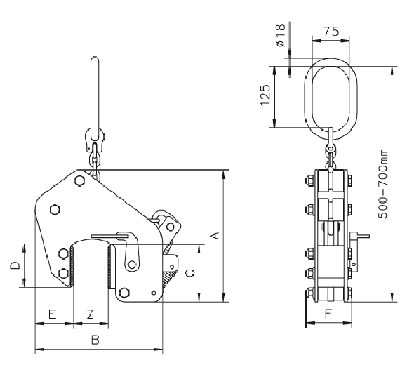 Maßzeichnungen und Abmessungen von TSB Schongreifer 0,75t 0-65mm