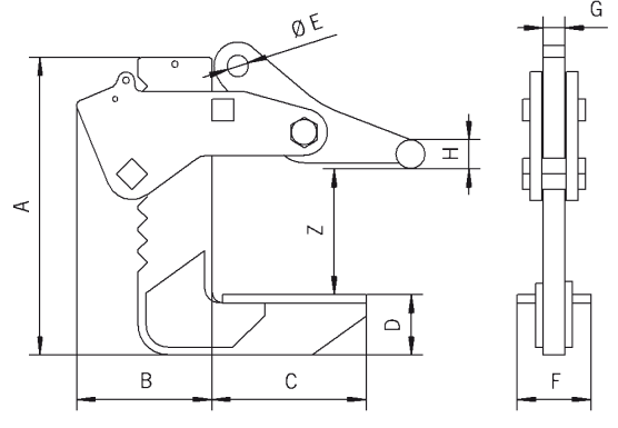 Maßzeichnungen und Abmessungen von TGF Hebeklemme, für horizontalen Blechpakettransport
