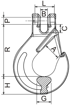Maßzeichnungen und Abmessungen von Güteklasse 6 (INOX Edelstahl) - Gabelkopf-Lasthaken, mit Schmiedefalle