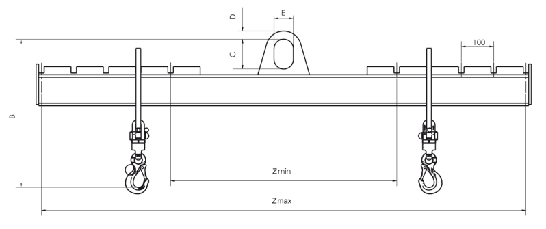 Maßzeichnungen und Abmessungen von TTS 10t 1500-2500mm verstellbare Haken