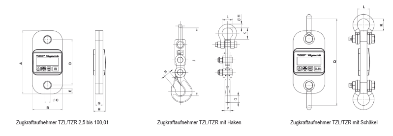 Maßzeichnungen und Abmessungen von TZL Zugkraftaufnehmer mit Digitalanzeige
