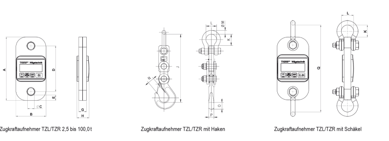 Maßzeichnungen und Abmessungen von TZL und TZR Schäkel und Haken mit Anbausatz für Zugkraftaufnehmer