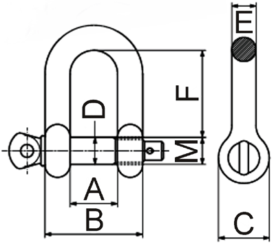 Maßzeichnungen und Abmessungen von Güteklasse 6 (INOX Edelstahl) - Schäkel, gerade Form, mit Splint