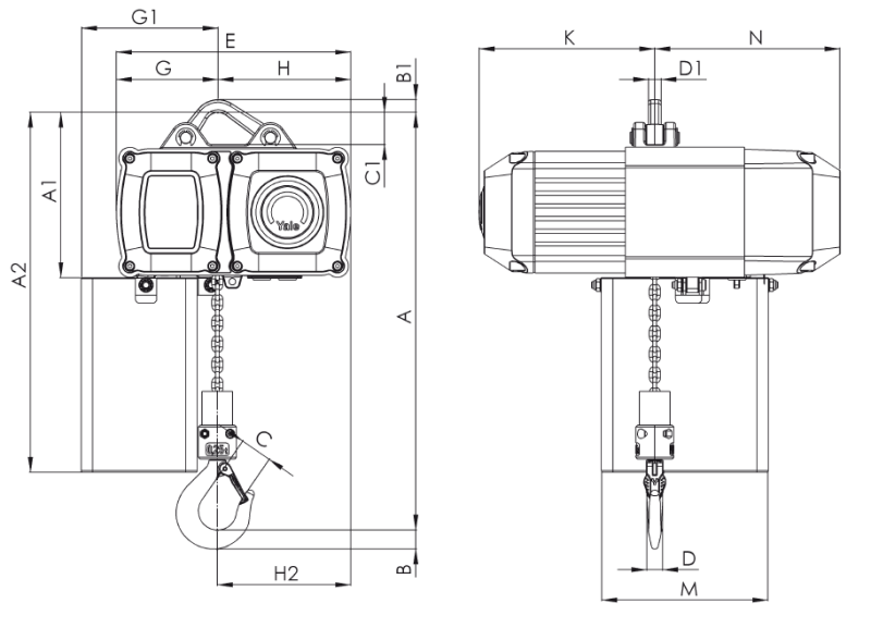 Maßzeichnungen und Abmessungen von Yale® CPV Elektrokettenzug 