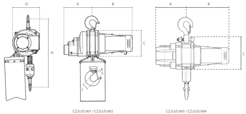Maßzeichnungen und Abmessungen von DELTA Elektrischer Kettenzug US - 230V